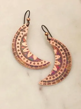 Acid etched copper moon earrings