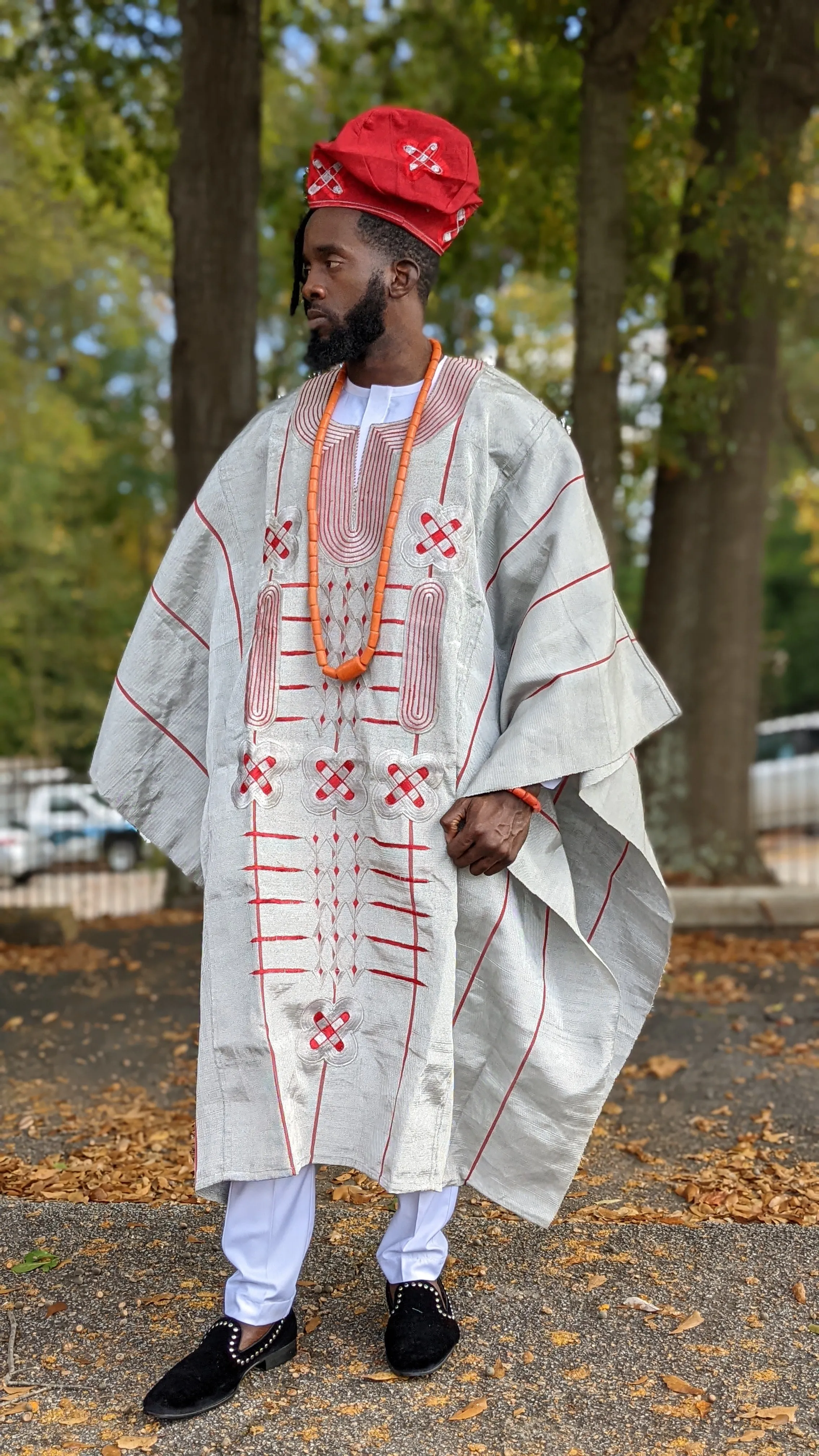 Adejobi Grey and Red Aso Oke Grand boubou African Agbada Robe - DPAGR20