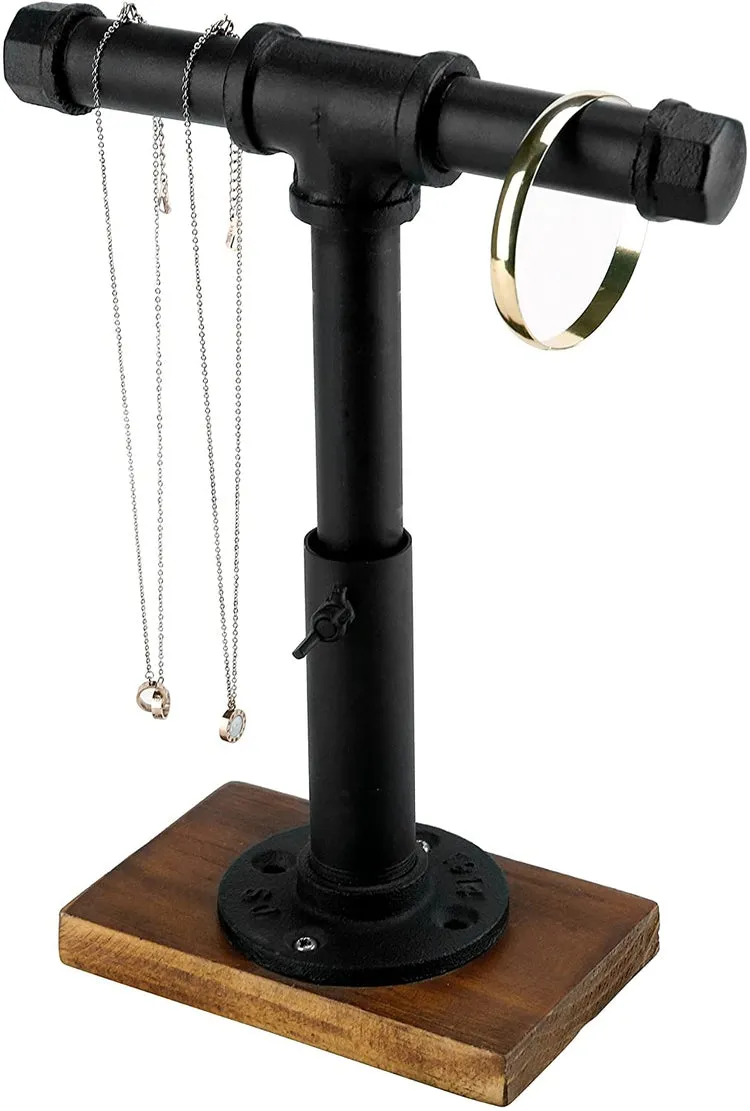 Adjustable Height Industrial Black Metal Pipe T-Bar Jewelry Display Stand and Necklace Holder with Brown Wood Base