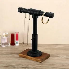 Adjustable Height Industrial Black Metal Pipe T-Bar Jewelry Display Stand and Necklace Holder with Brown Wood Base