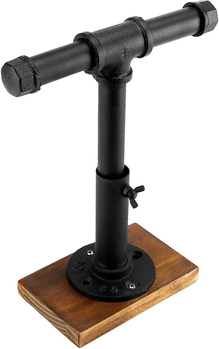 Adjustable Height Industrial Black Metal Pipe T-Bar Jewelry Display Stand and Necklace Holder with Brown Wood Base