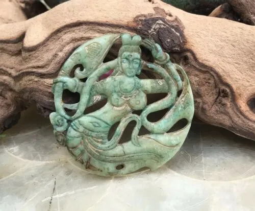 Antique Jade Jadeite Carved Mermaid Pendant