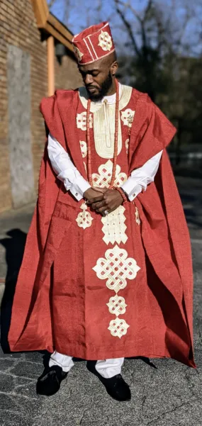 Awoniyi Red Beige Aso Oke Grandboubou Agbada Robe DPAW911