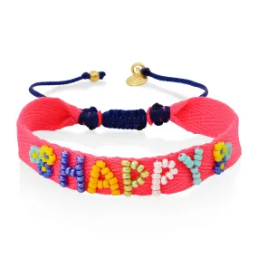 Beaded HAPPY Bracelet on Adjustable Fabric Ribbon