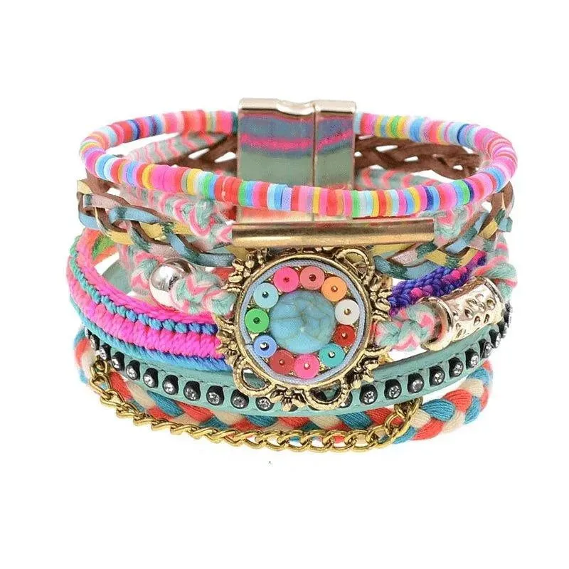 Bohemia Vegan Leather Colorful Woven Charm Bracelets