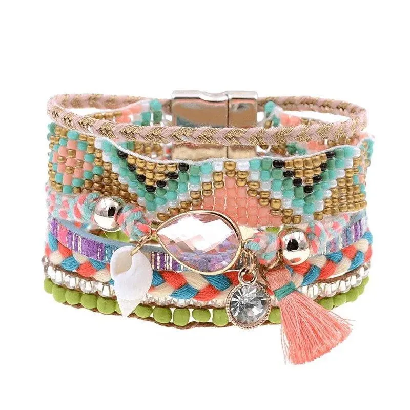 Bohemia Vegan Leather Colorful Woven Charm Bracelets