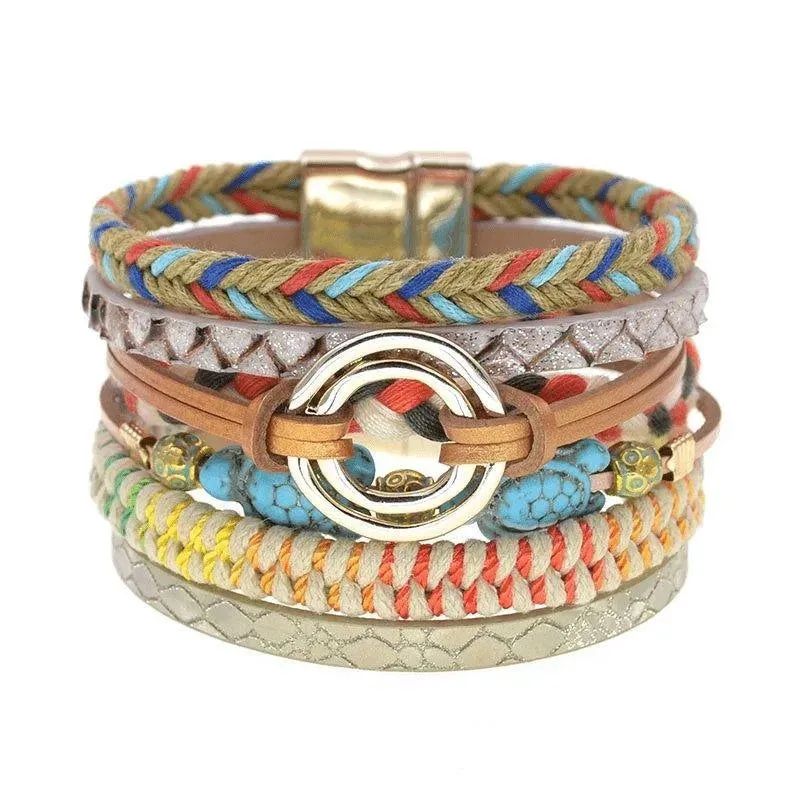 Bohemia Vegan Leather Colorful Woven Charm Bracelets