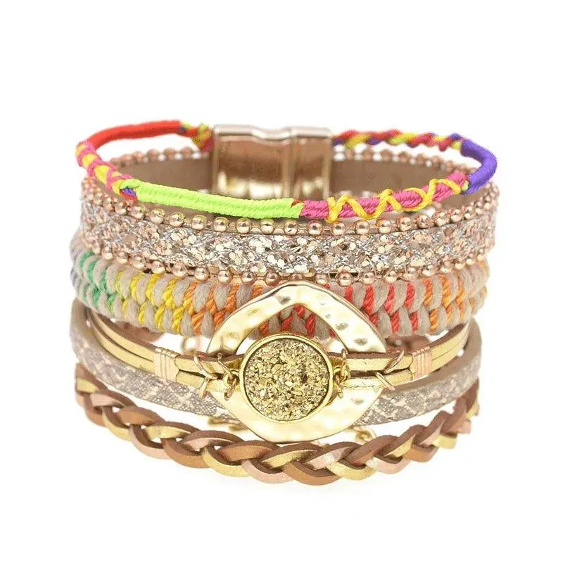 Bohemia Vegan Leather Colorful Woven Charm Bracelets