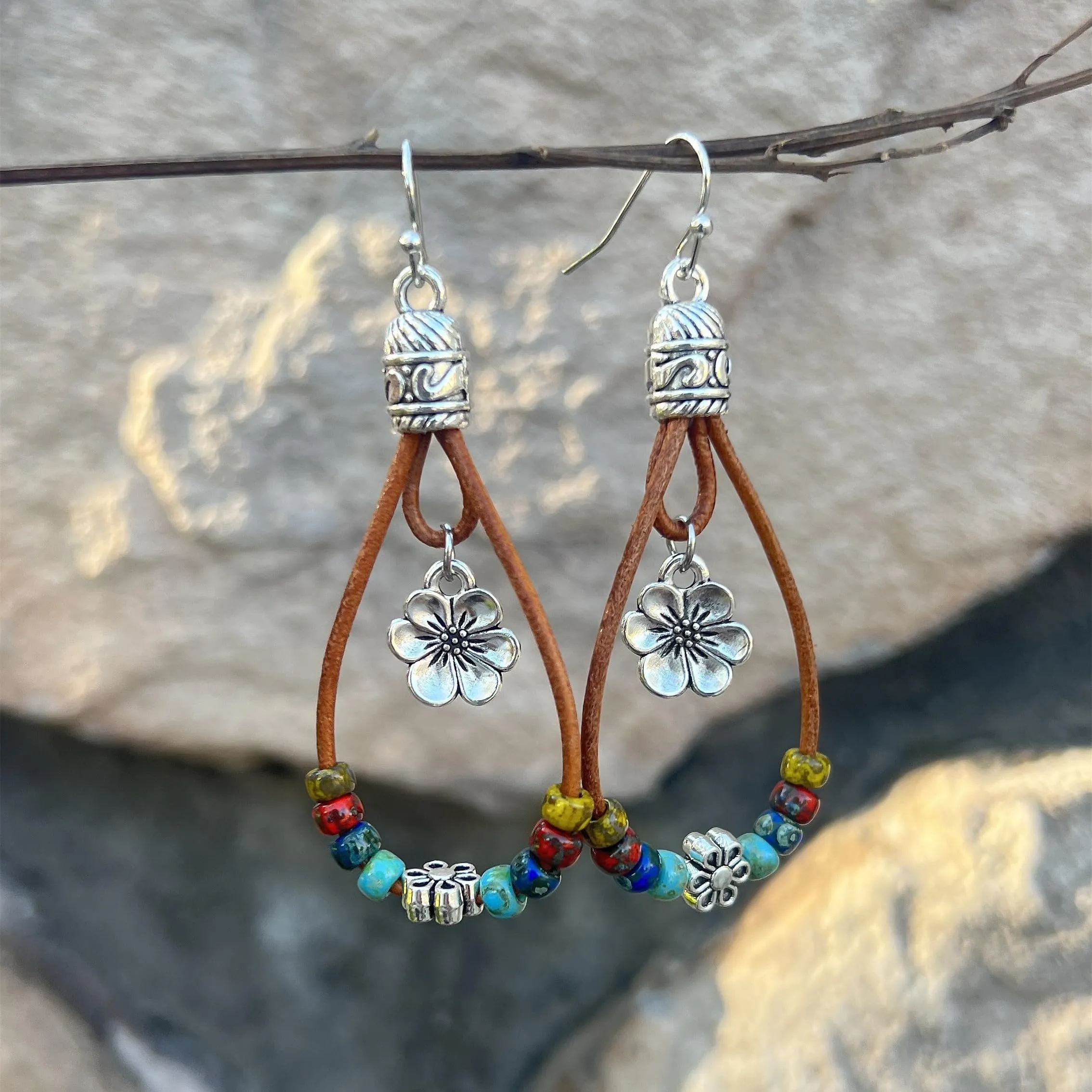 Boho Earrings for Women,Handmade Vintage Dangle Drop Earring,Western Country with Nature Stone and Flower (Boho)