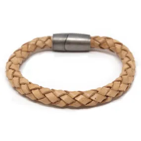 Braided Leather Bracelet with Puzzle Clasp Beige Medium