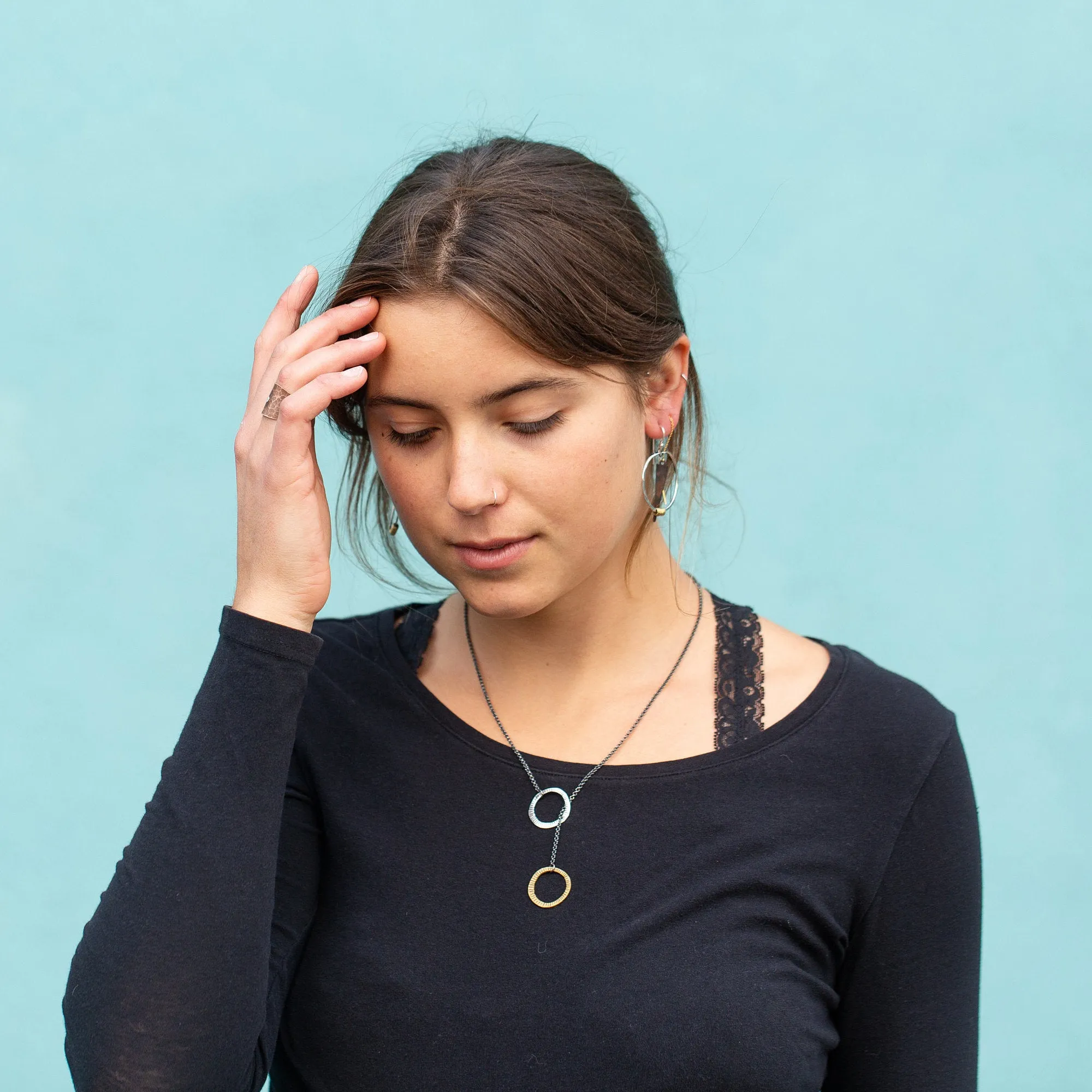 Carved Brass and Silver Lariat Necklace