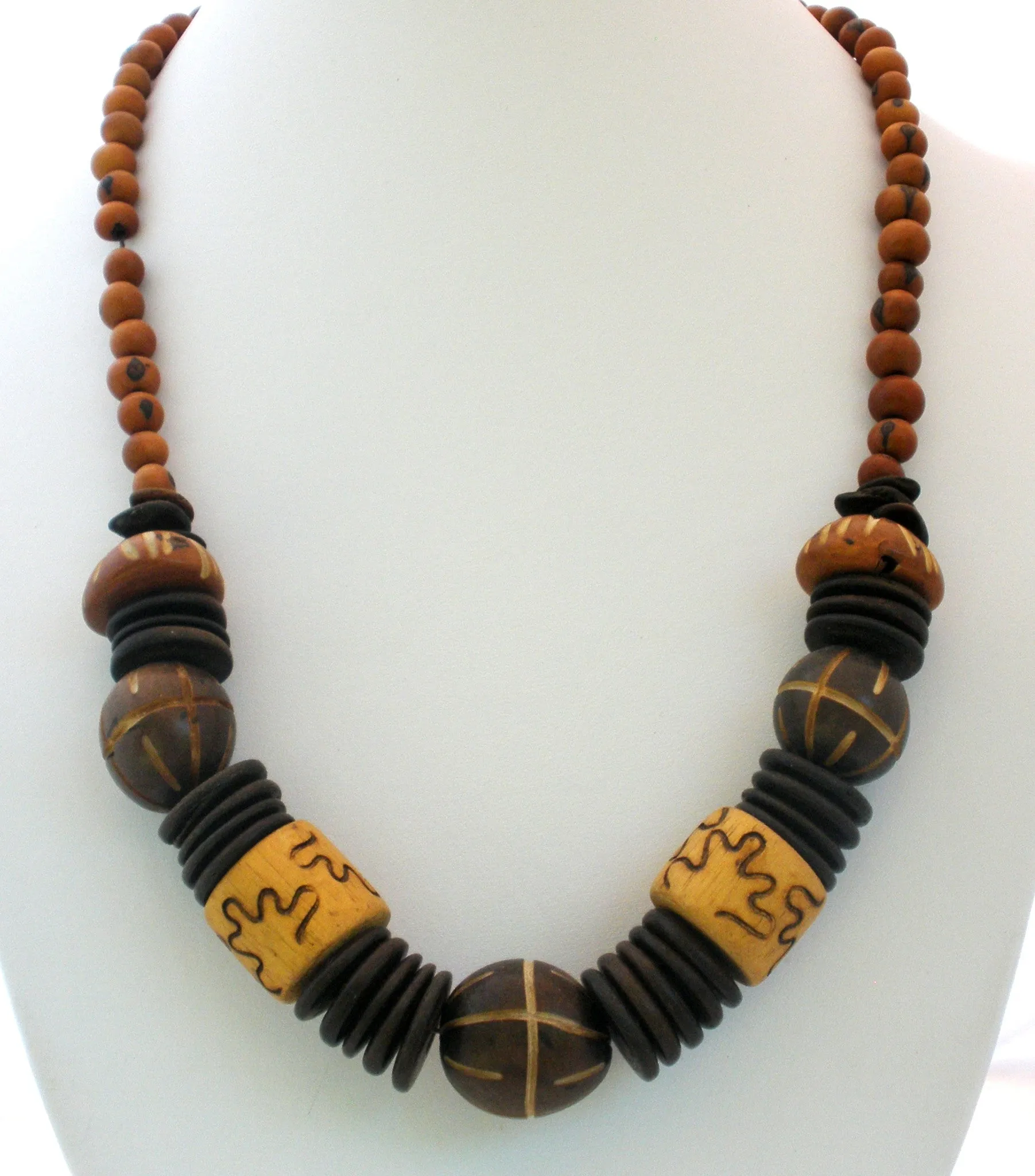 Chunky Wood Bead Necklace Hand Carved Vintage