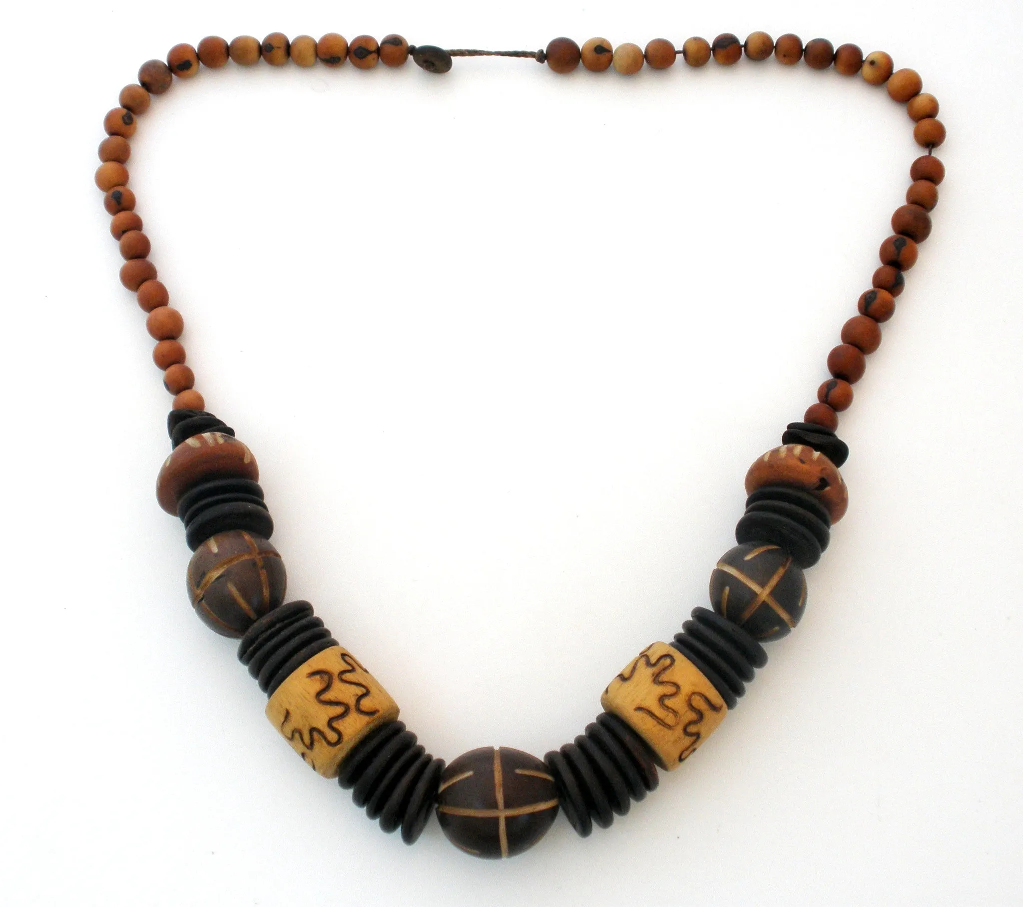 Chunky Wood Bead Necklace Hand Carved Vintage