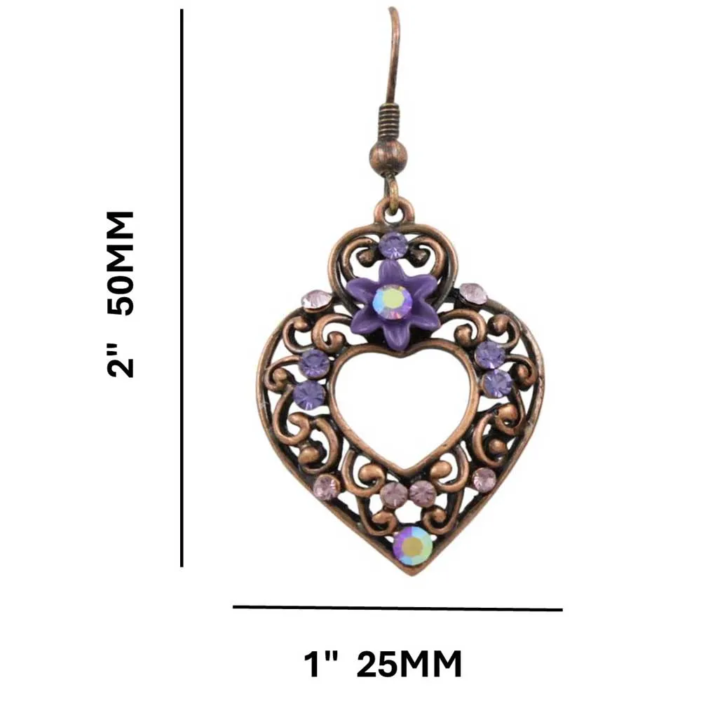 Copper Heart with Purple Flowers Dangling Earring - REC522