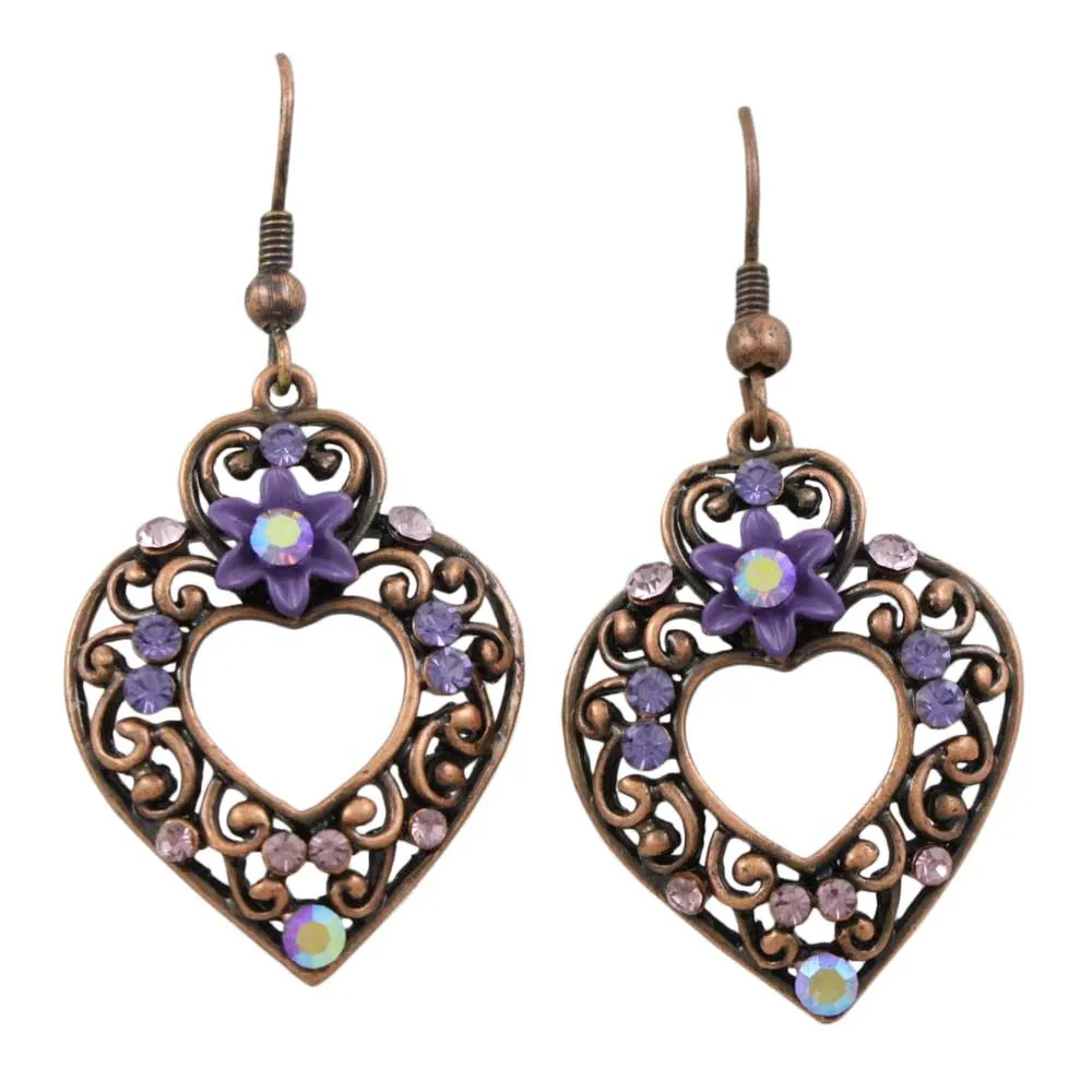 Copper Heart with Purple Flowers Dangling Earring - REC522