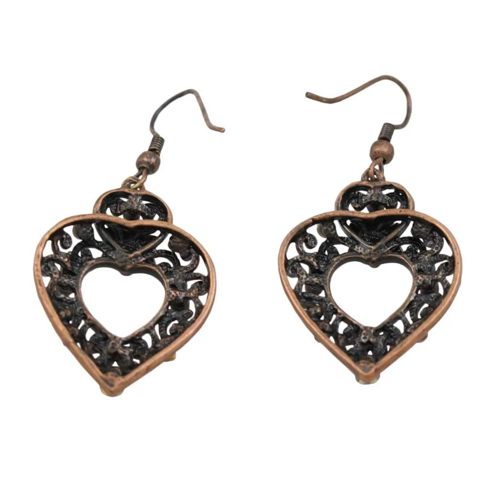 Copper Heart with Purple Flowers Dangling Earring - REC522