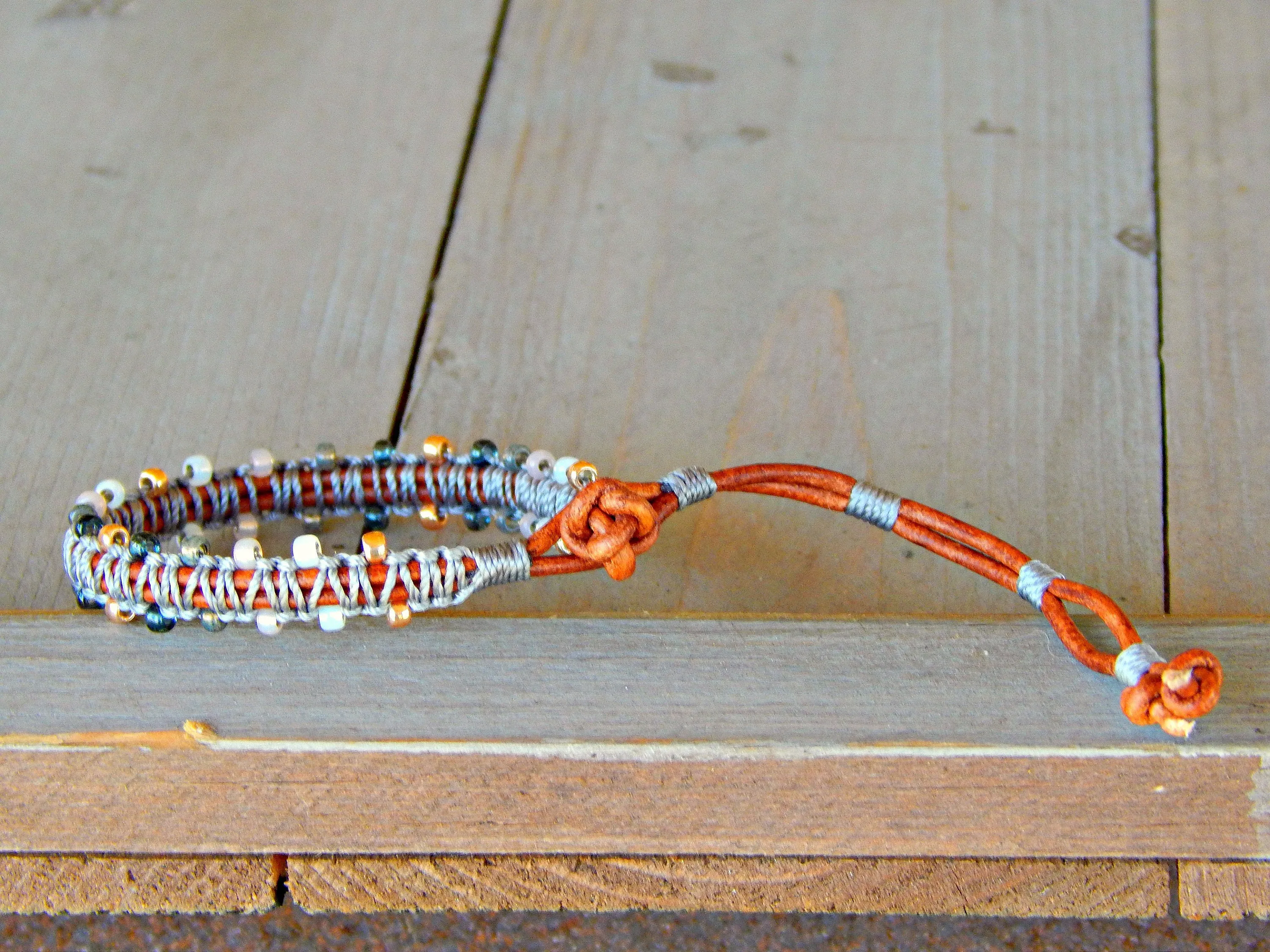 Copper Navy Gray Side beaded Macrame Woven Leather Stack bracelet