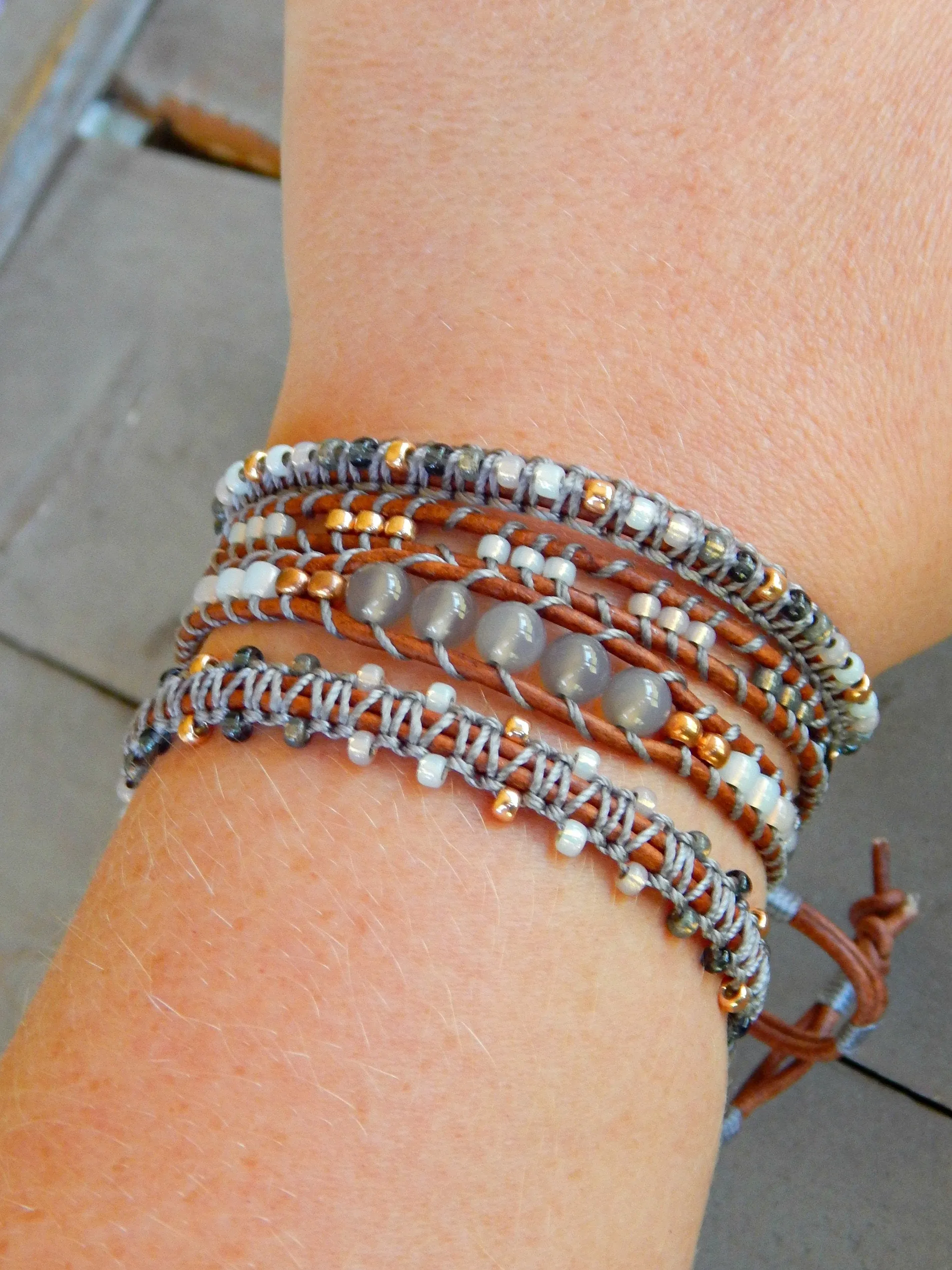 Copper Navy Gray Side beaded Macrame Woven Leather Stack bracelet