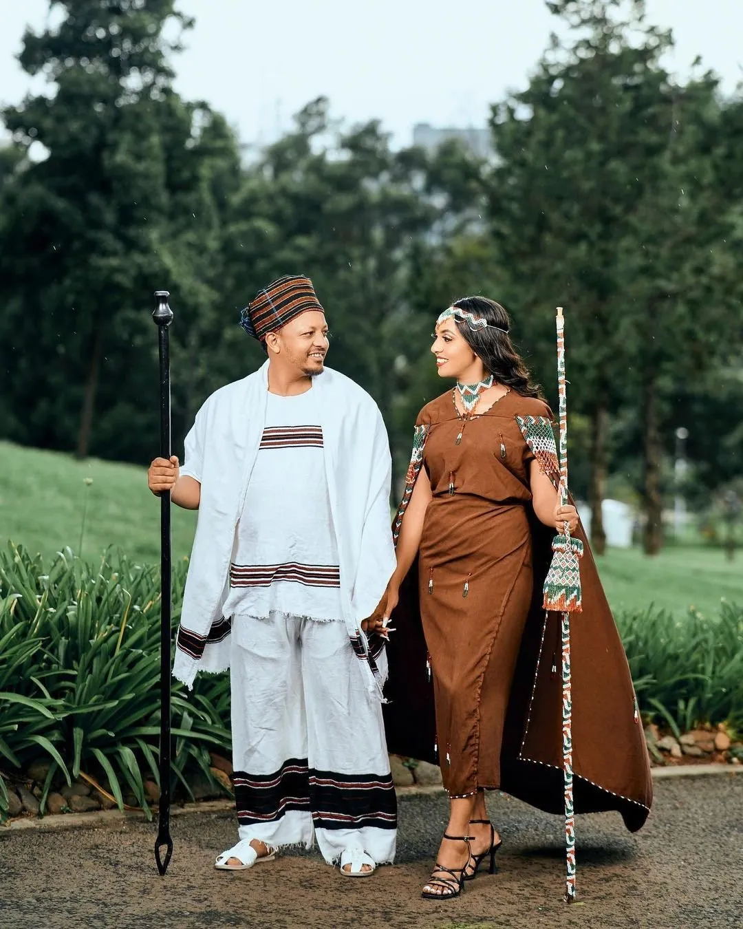 Cultural Oromo Couples' Outfit With Accessories Brown Oromo Dress