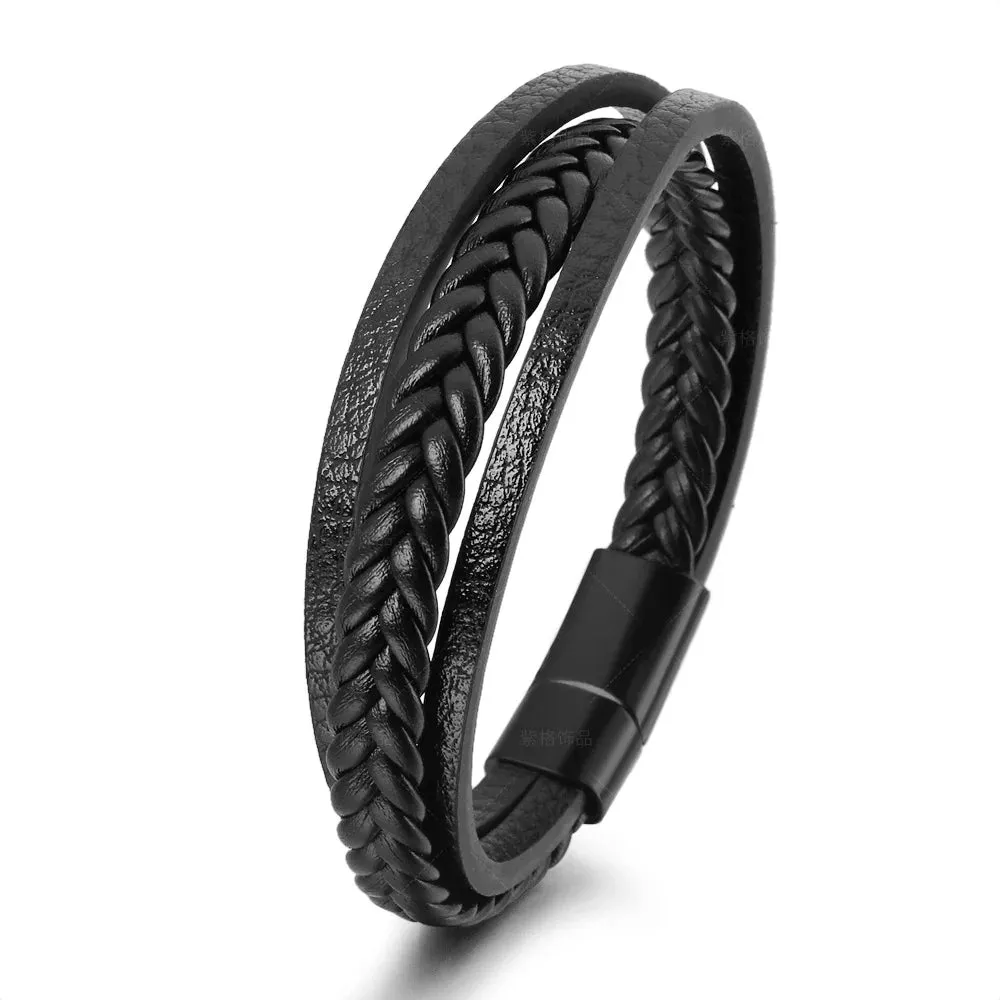 Fashion Genuine Leather Bracelets Men 4-Color Stainless Steel Multilayer Braided Rope Bracelet for Male Female Jewelry Gift 21CM