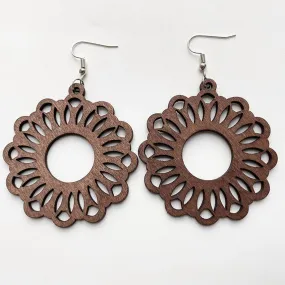 Geometric Flower Floral Dangle Hook Wood Earrings