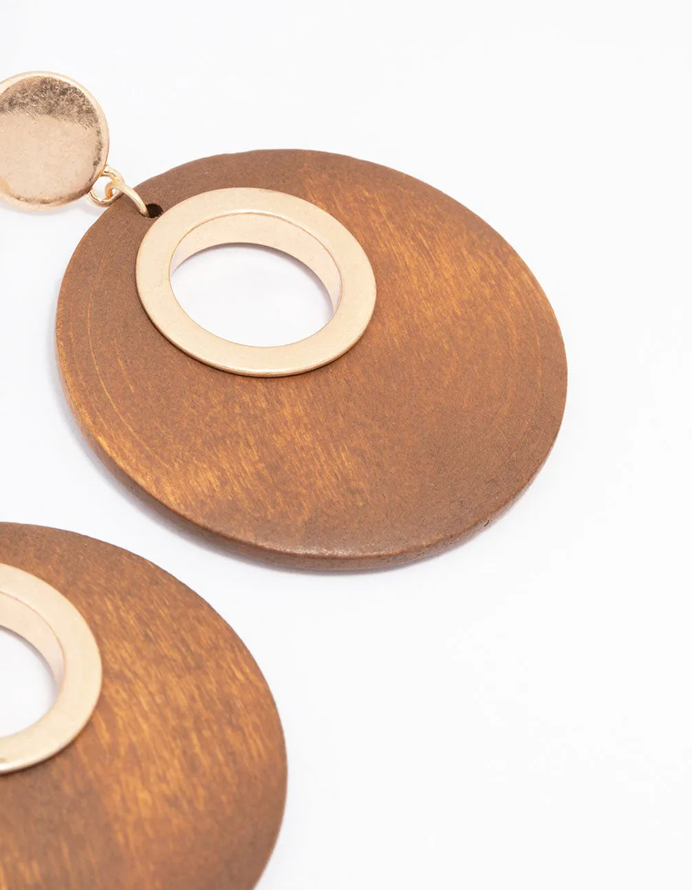 Gold Round Wooden Disc Drop Earrings