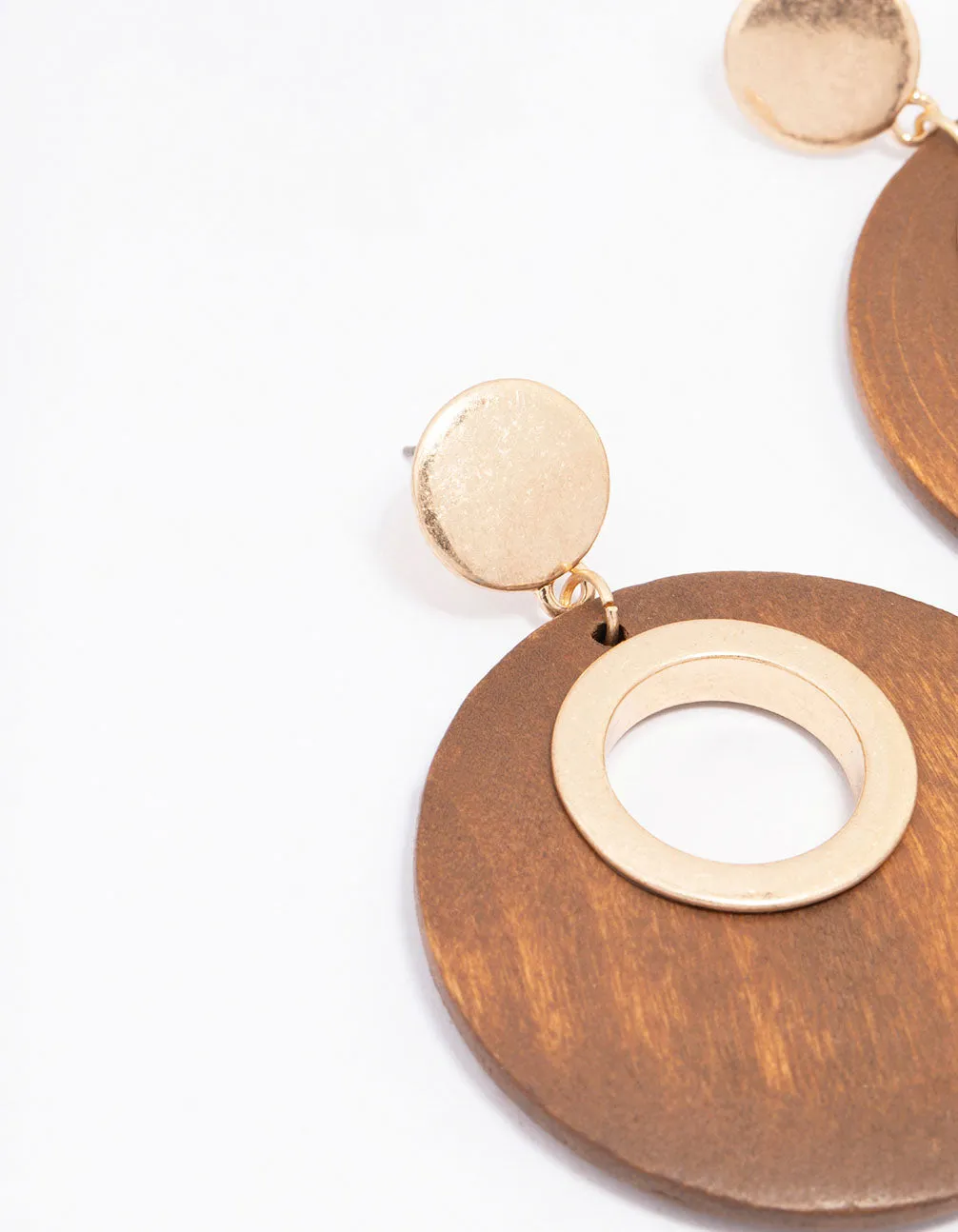 Gold Round Wooden Disc Drop Earrings