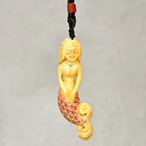 Hand Carved Yak Bone Mermaid Pendant Necklace