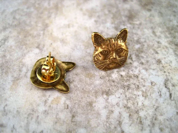 Handmade Oxidized Brass Cat Head Post Earrings