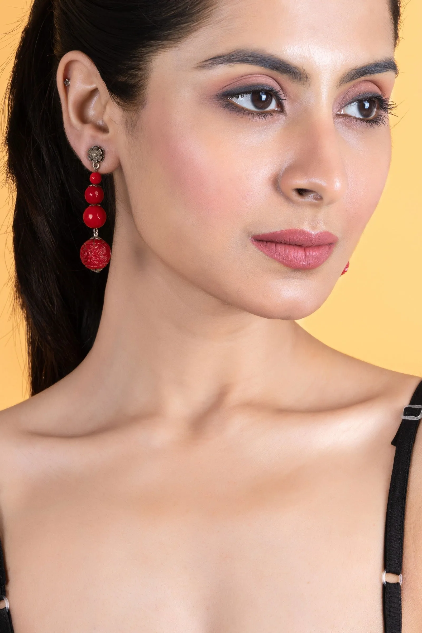 Handmade Red Onyx Cinnabar Floral Stud Dangler Earrings - Unique Semi-Precious Stone Jewelry