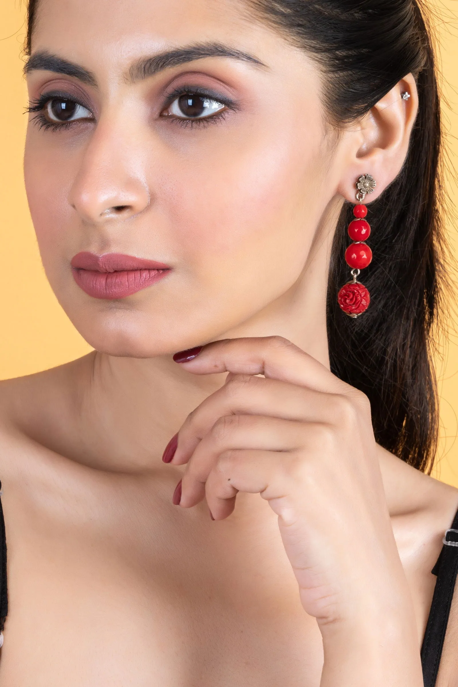 Handmade Red Onyx Cinnabar Floral Stud Dangler Earrings - Unique Semi-Precious Stone Jewelry