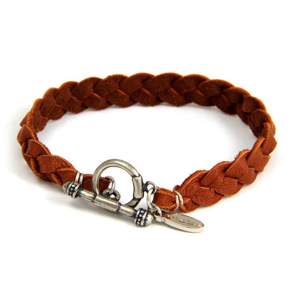 Mens Rust Braided Deerskin Leather Bracelet with Silver Toggle