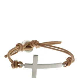 Men's Sterling Silver Cross Bracelet on Natural Leather