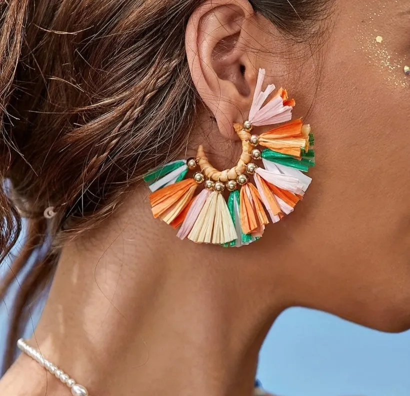 Multi Color Boho Chic Raffia Fan Drop Earrings