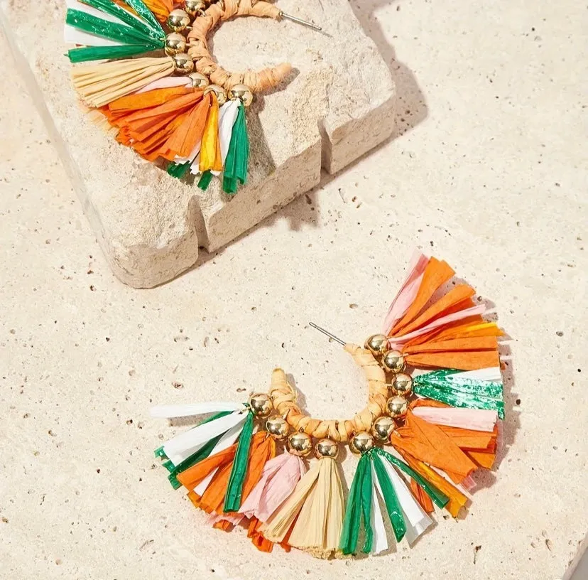 Multi Color Boho Chic Raffia Fan Drop Earrings