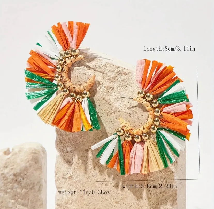 Multi Color Boho Chic Raffia Fan Drop Earrings