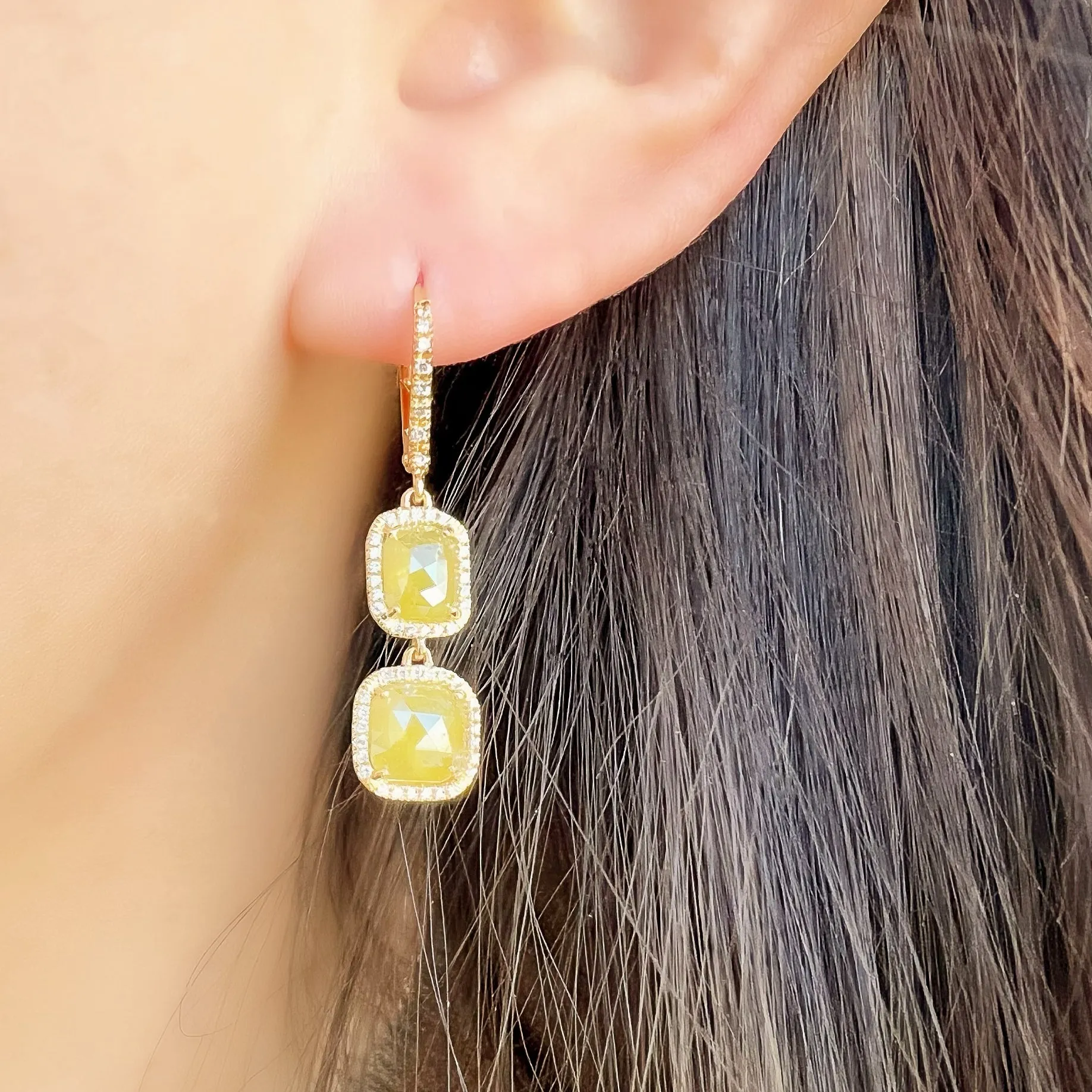 One of a Kind Double Drop Yellow Rustic Diamond Earrings