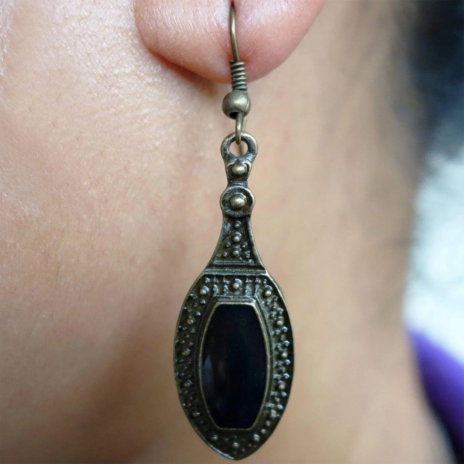 Pair of Drop Dangle Hook Earrings Studs Black Bronze Womens Ladies Girls Childs