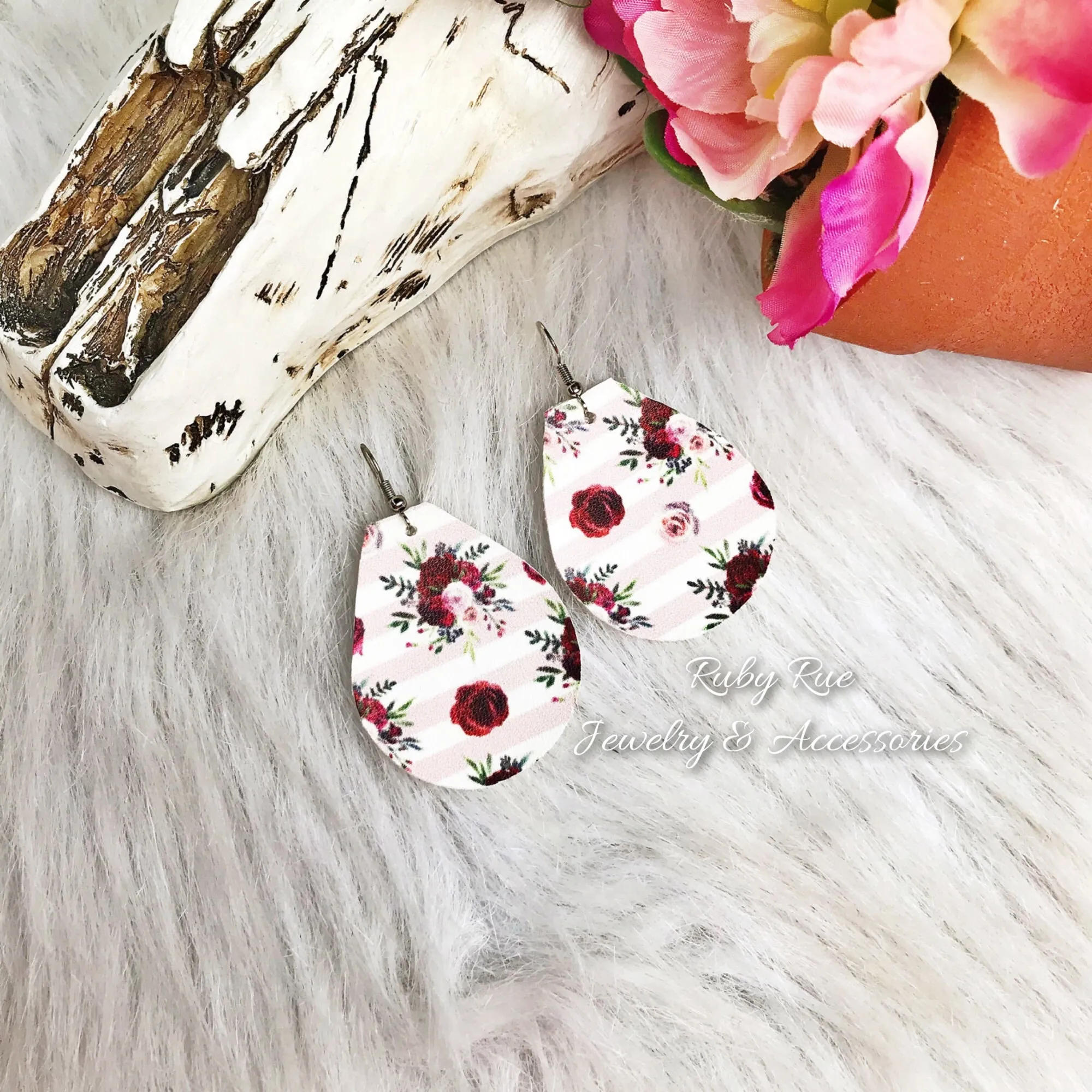 Plum & Pink Floral Leather Earrings