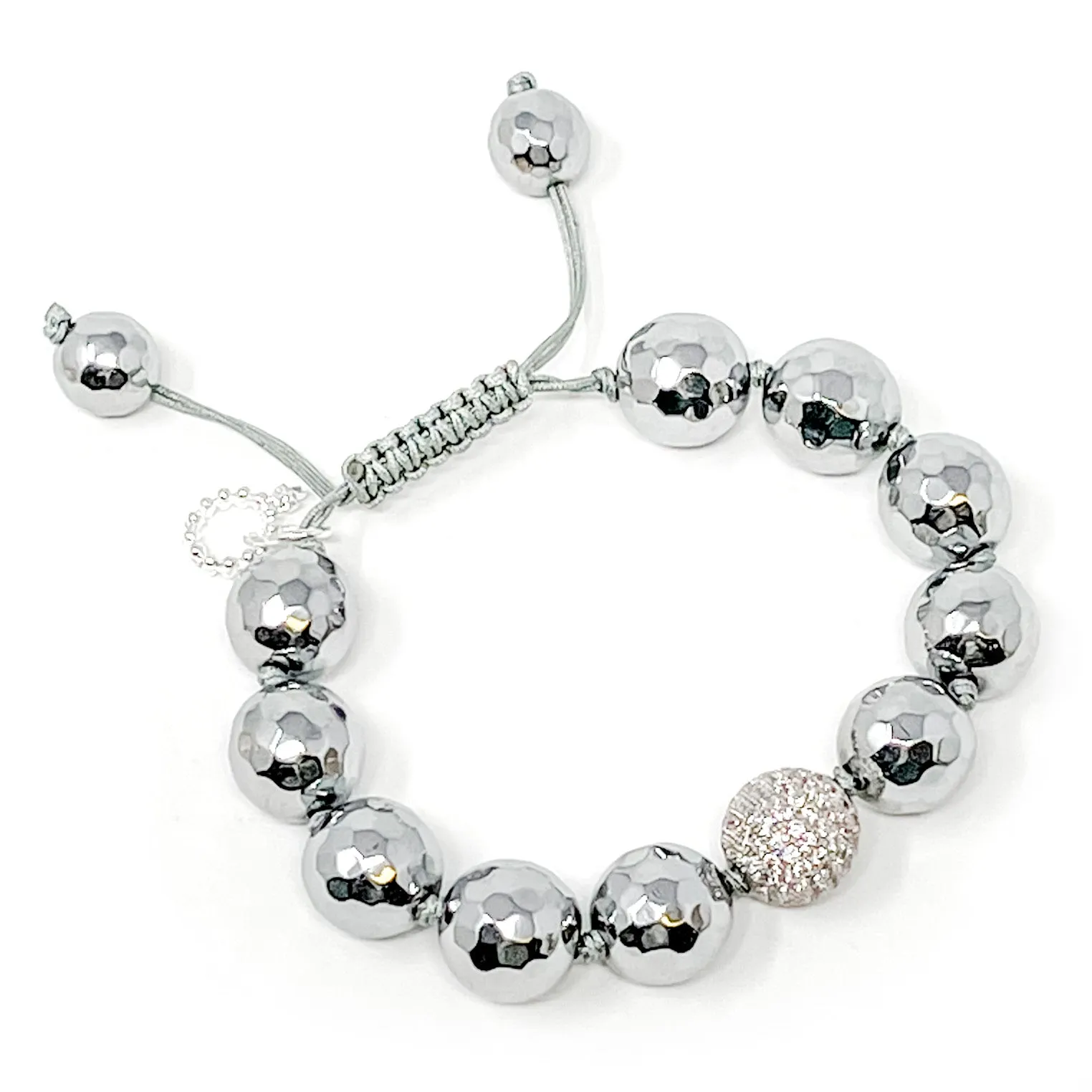 Powerbeads By Jen Adjustable Faceted Silver Hematite with Silver Micropave