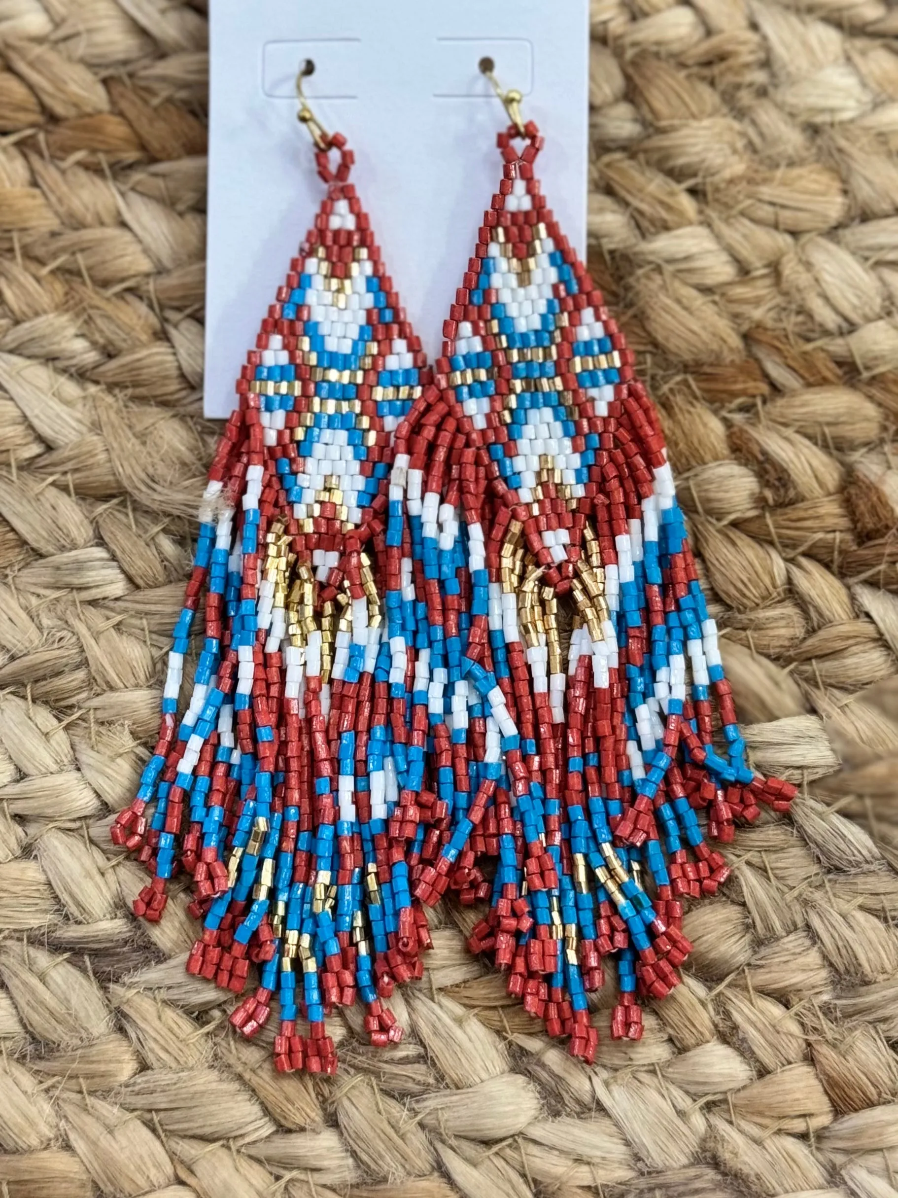 Printed Seed Bead Tassel Earrings in Multi