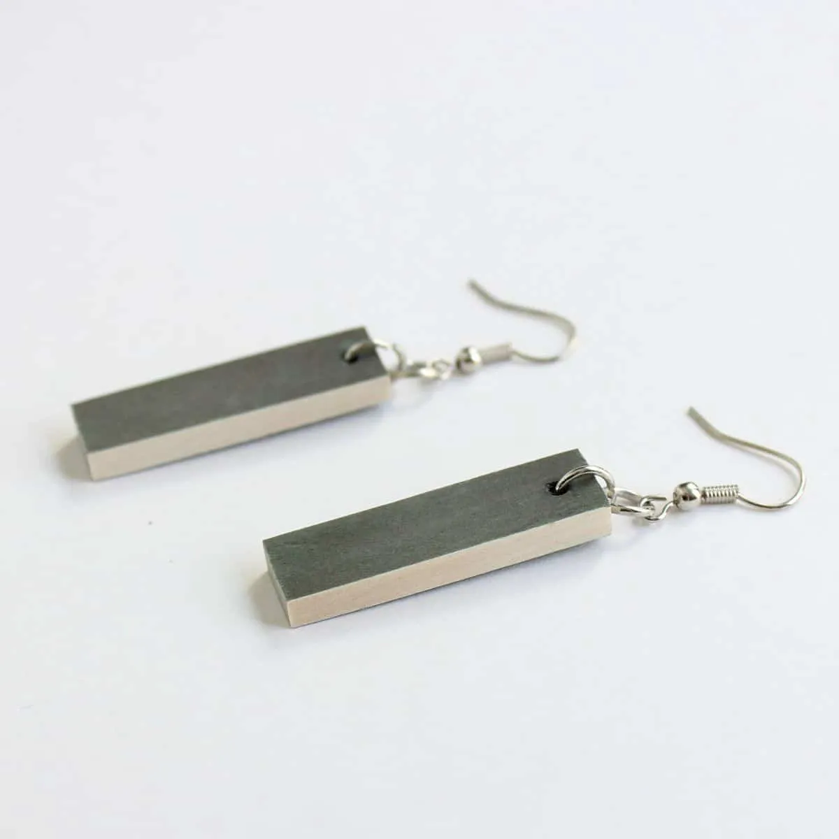 Rectangular Dangle Wooden Earrings in Greenish Grey