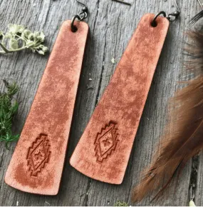 Red Pony Leather Hand Tooled Southwest Leather Bar Earrings RPLBS