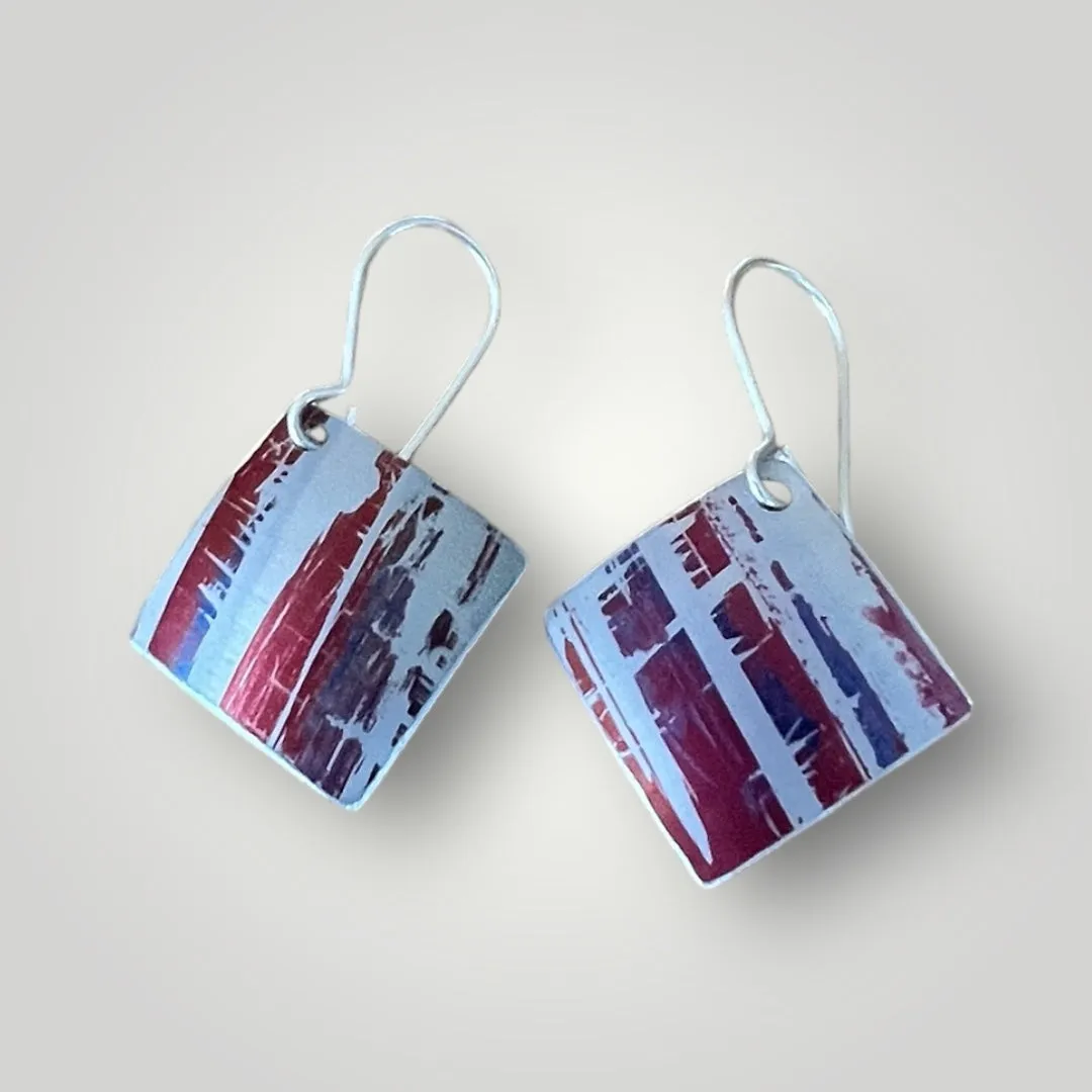 Red/orange blue subtle stripe aluminium earrings