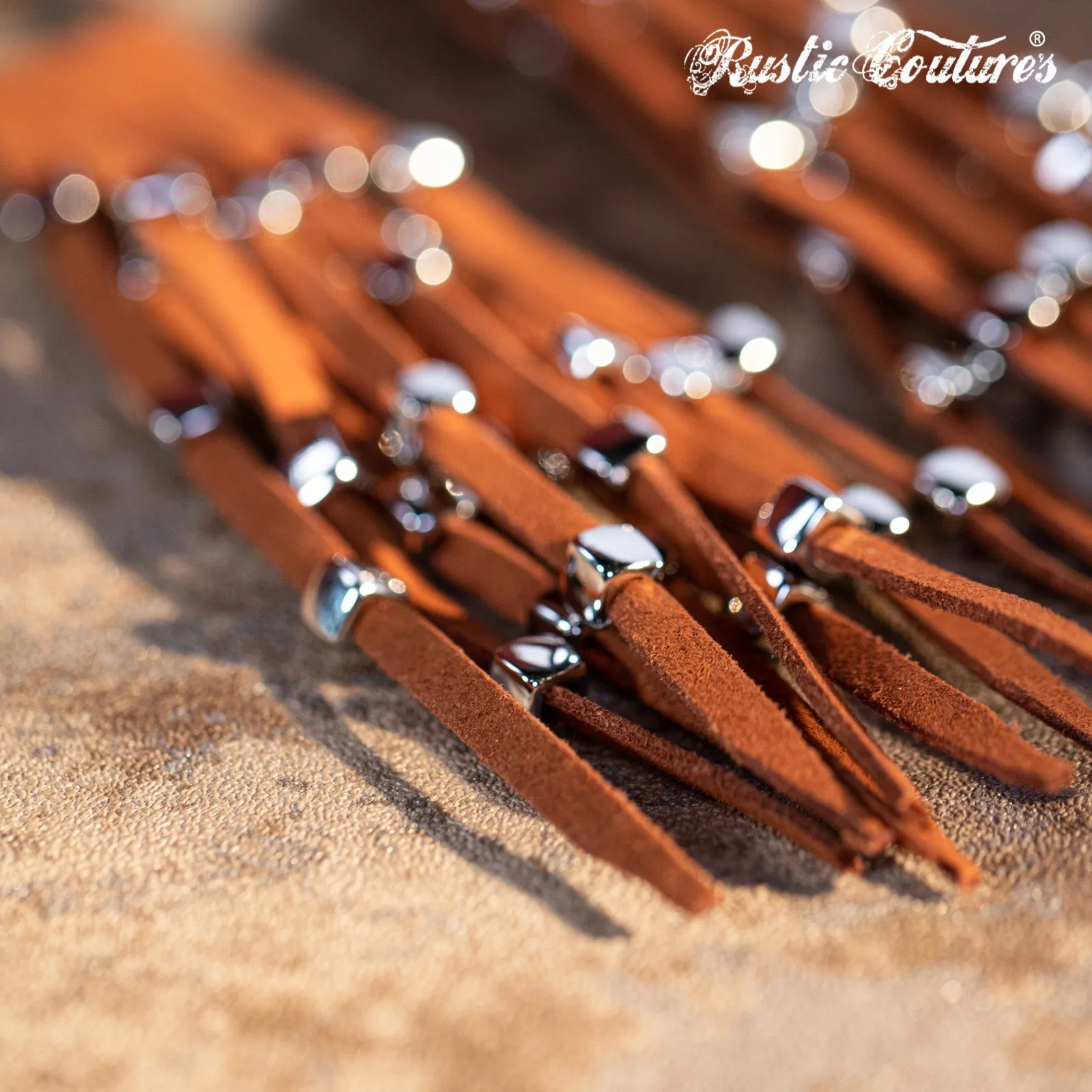 Rustic Couture's  Hoop Long Suede Fringe Silver Beaded Statement Earrings