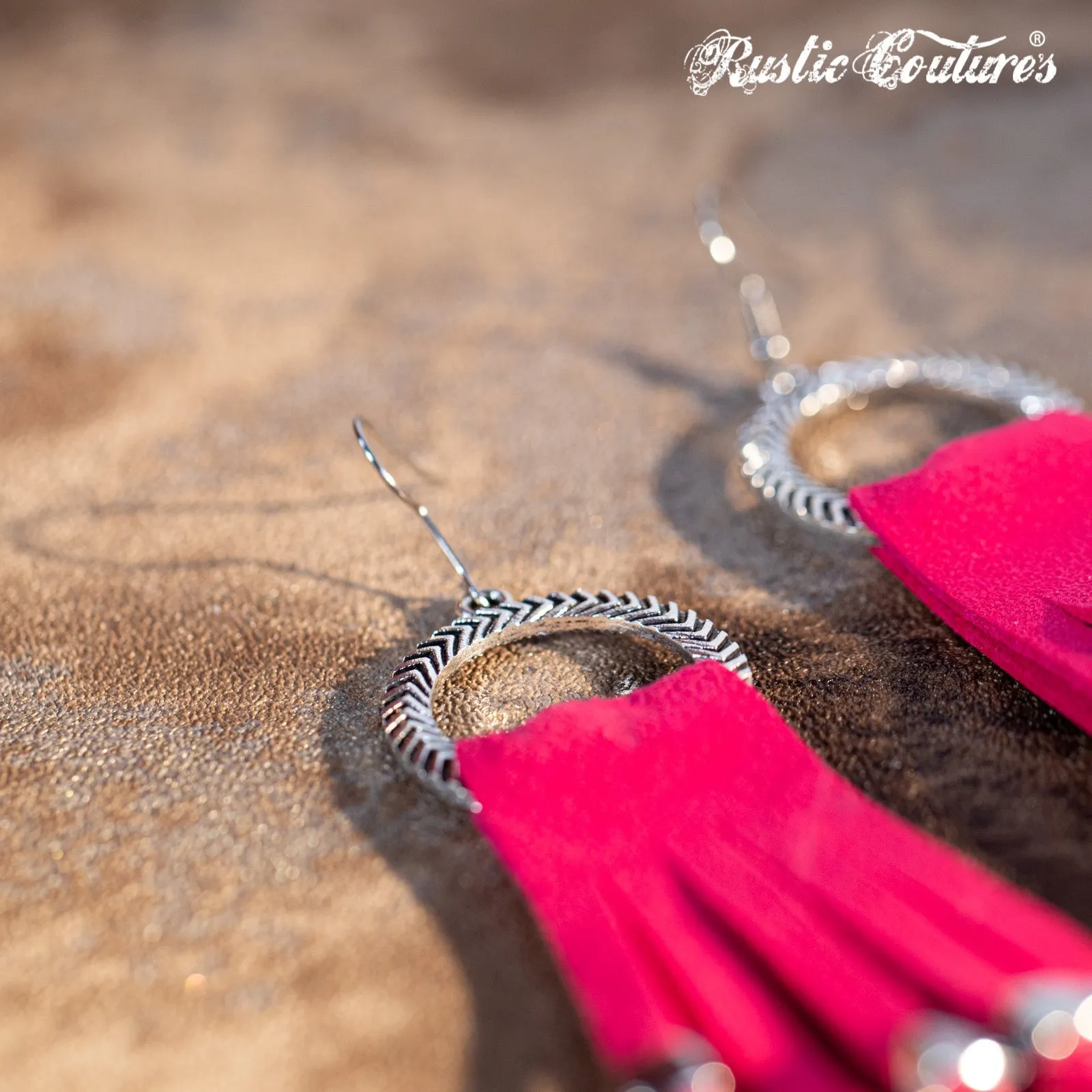 Rustic Couture's  Hoop Long Suede Fringe Silver Beaded Statement Earrings