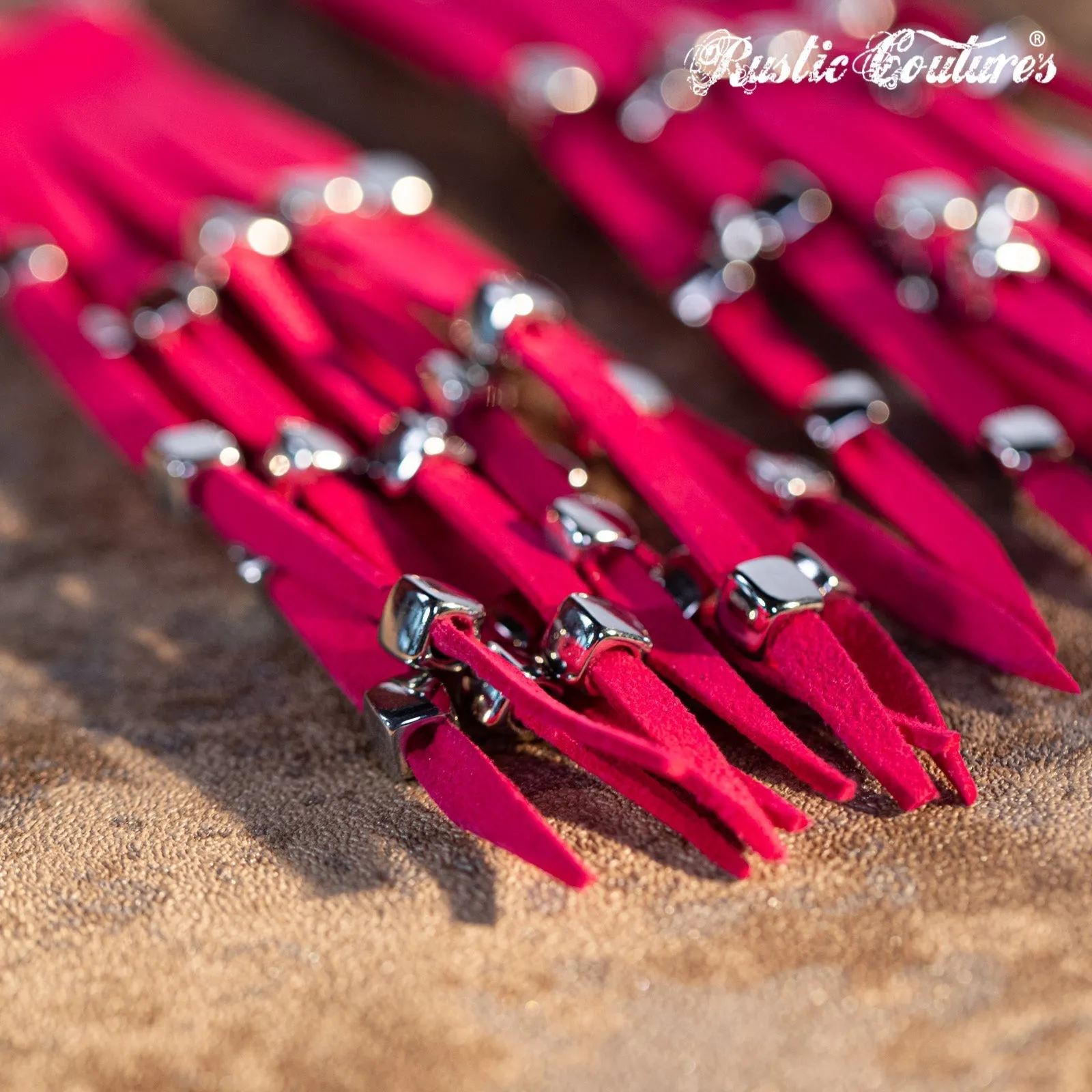 Rustic Couture's  Hoop Long Suede Fringe Silver Beaded Statement Earrings