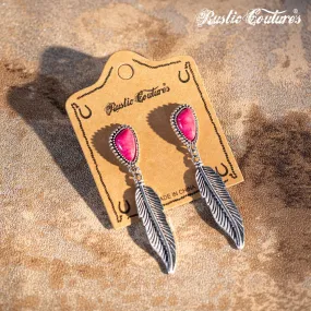 Rustic Couture's Hot Pink Nature Stone with Feather Silver Dangling Earring