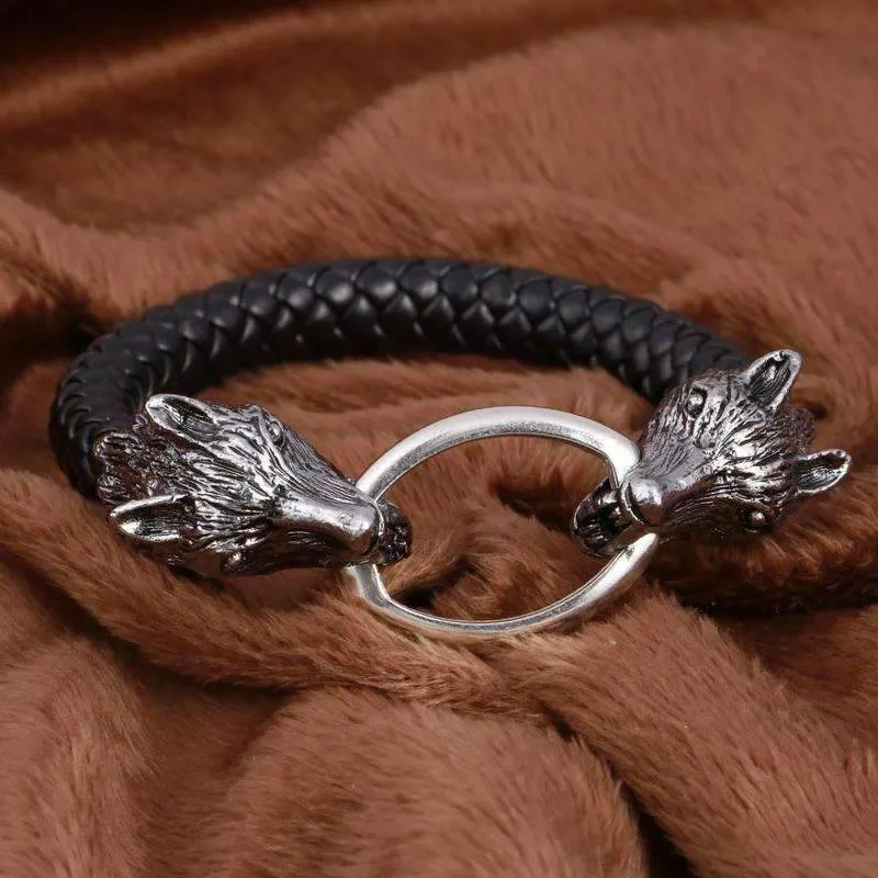 Silver Wolf Braided Leather Bracelet