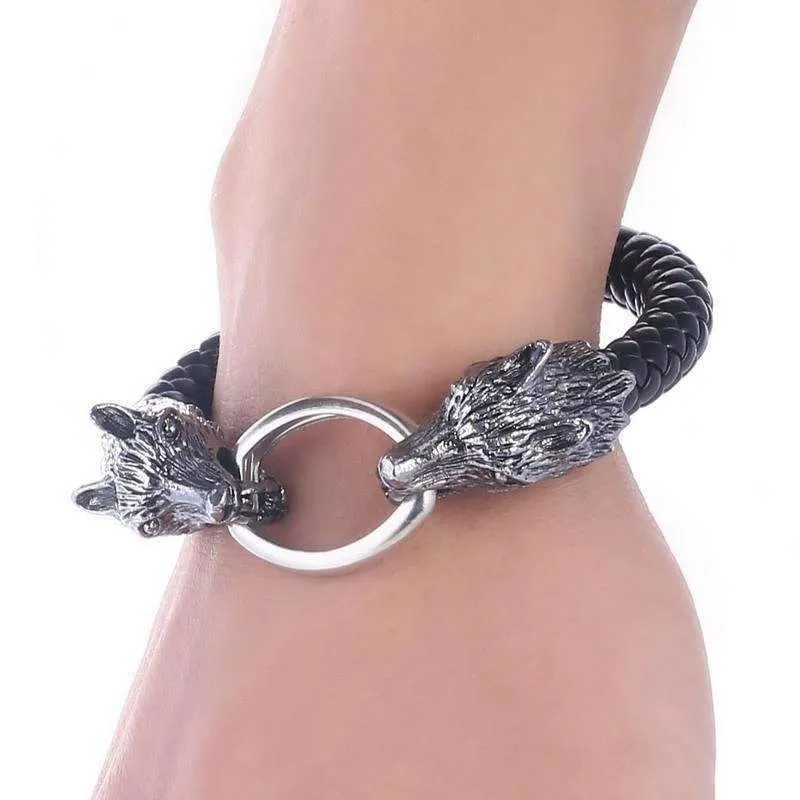 Silver Wolf Braided Leather Bracelet